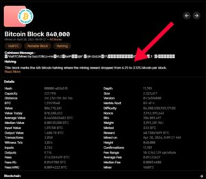 Bitcoin halving block snapshot at 840000